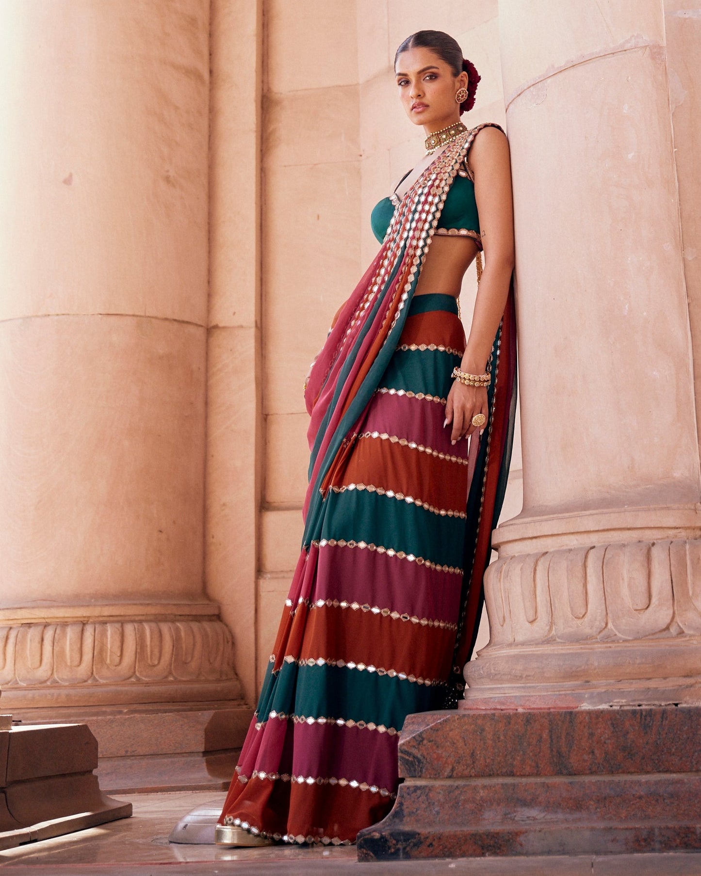 Grand Wedding Party Wear Mirror Work Ready-to-Wear Lehenga Saree