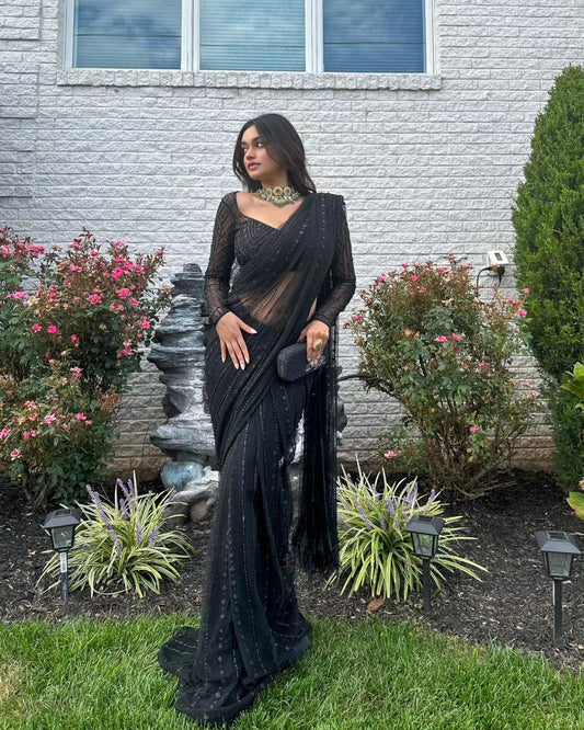 Black Soft Net Sequin Work Party Wear Saree with Full Sleeve Blouse