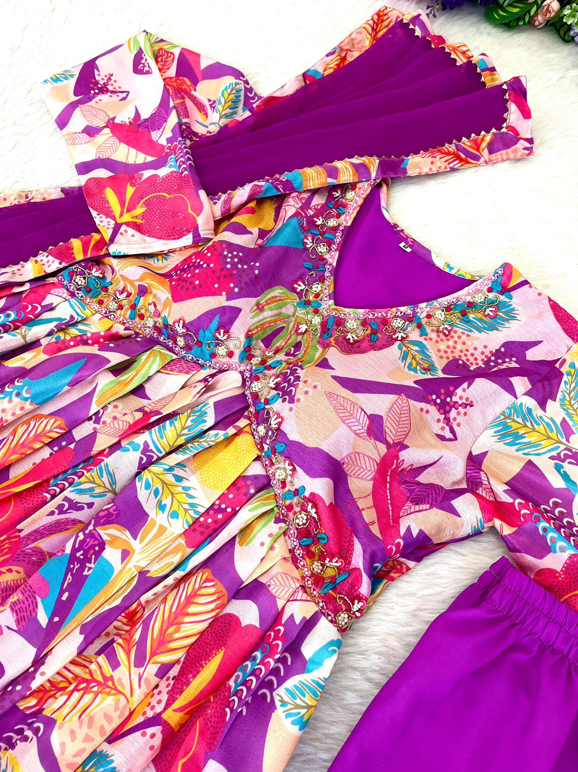 Spellbinding Soft Chinon Floral Printed Handworked Anarkali Pant Suit - INDIAN ELEGANCE