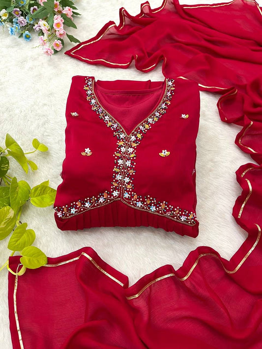 Mesmerizing Maroon Rangoli Silk Handworked Gown With Dupatta - INDIAN ELEGANCE