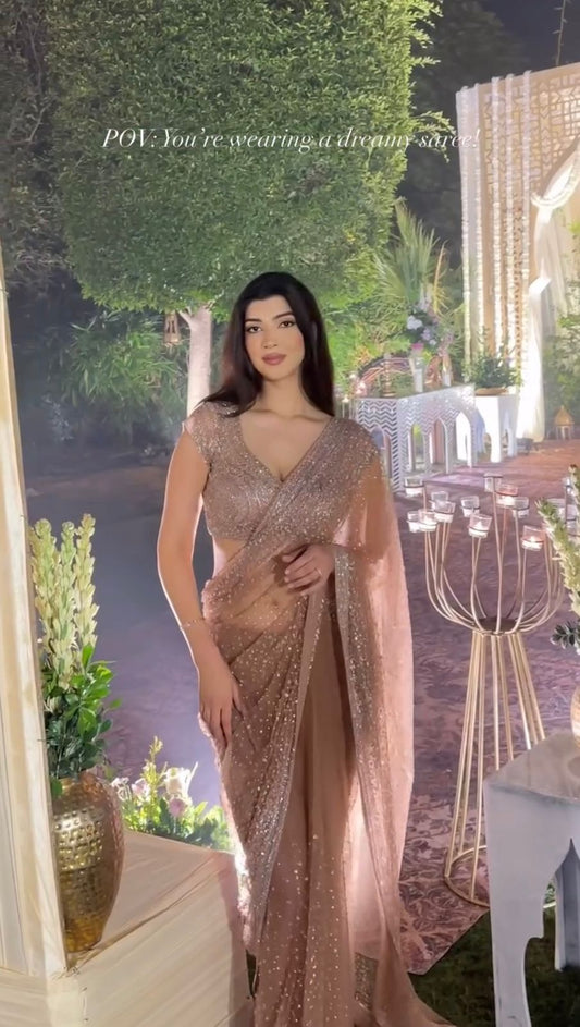Golden Net Saree with Sequins & Dori Work – Party Wear Designer Saree with Unstitched Blouse