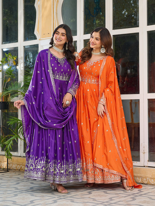 Elegant American Silk Gown Set for Women with Dupatta – Sequins & Thread Work