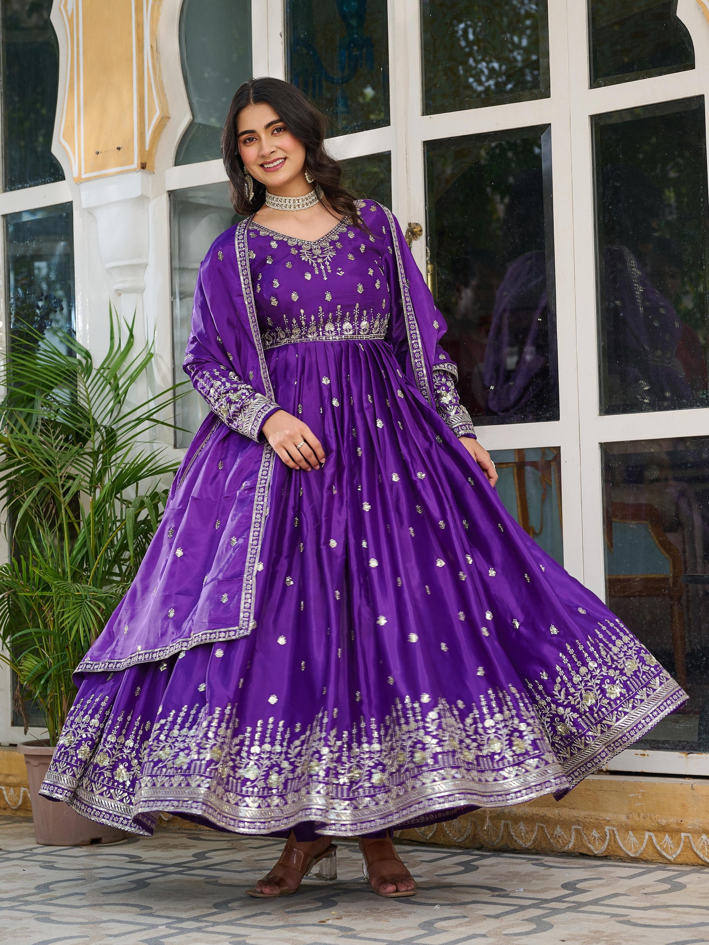 Elegant American Silk Gown Set for Women with Dupatta – Sequins & Thread Work