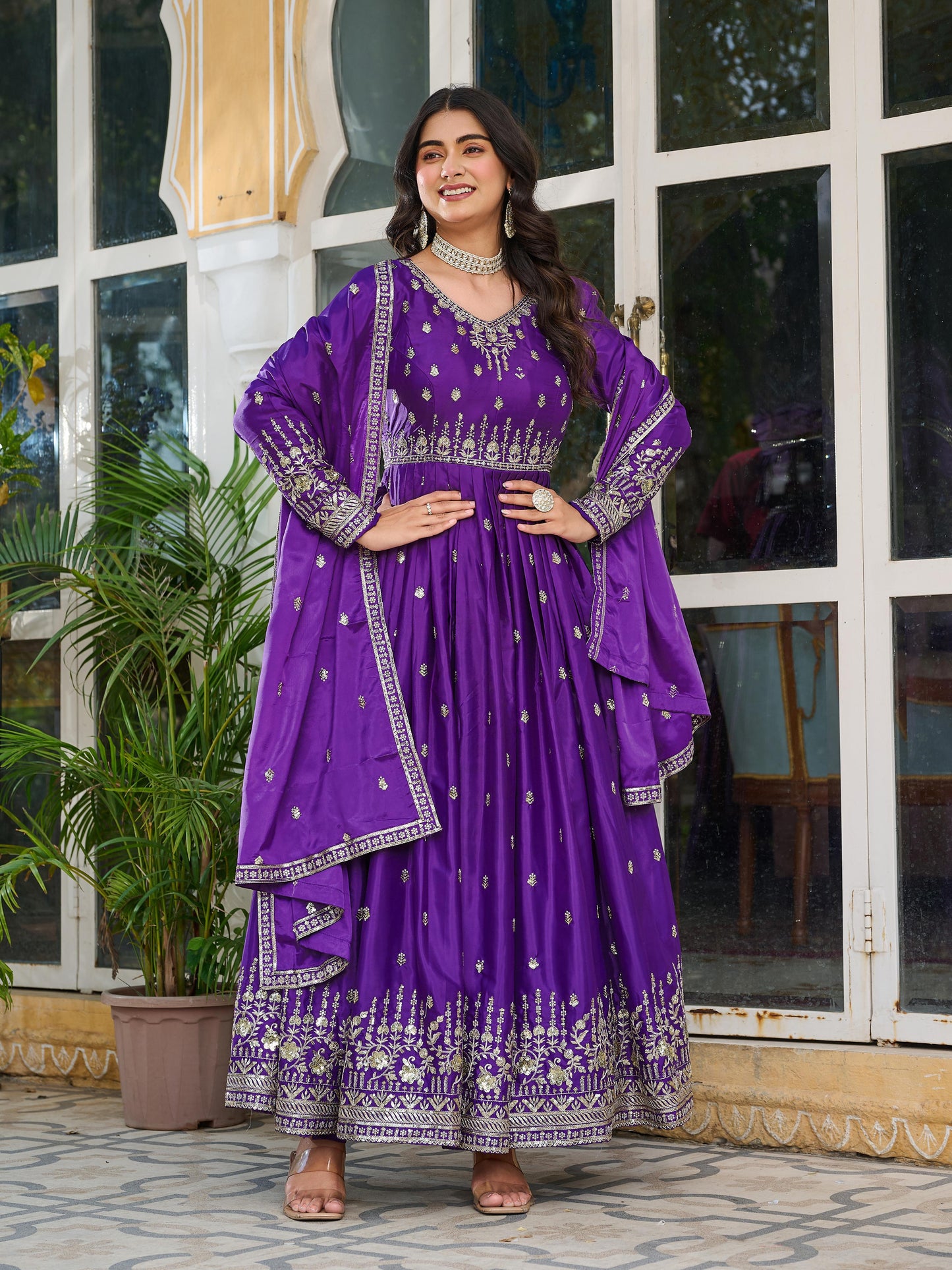 Elegant American Silk Gown Set for Women with Dupatta – Sequins & Thread Work