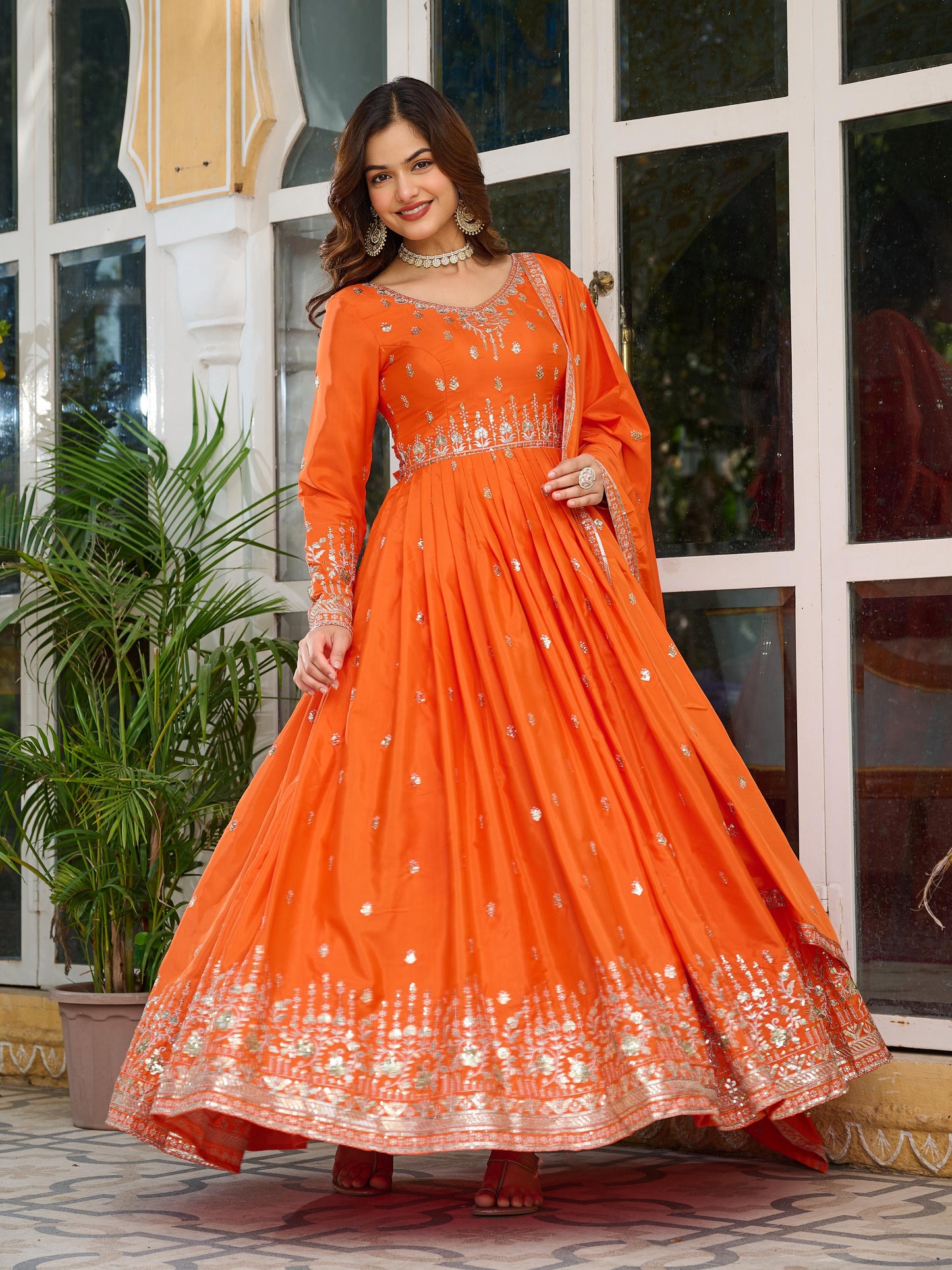 Elegant American Silk Gown Set for Women with Dupatta – Sequins & Thread Work