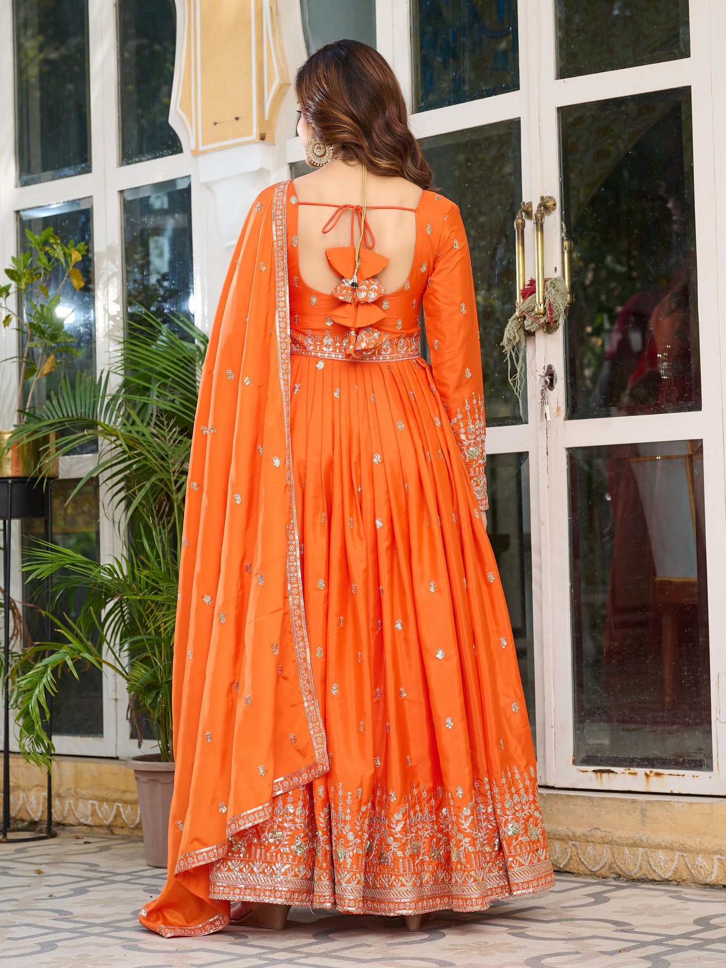 Elegant American Silk Gown Set for Women with Dupatta – Sequins & Thread Work