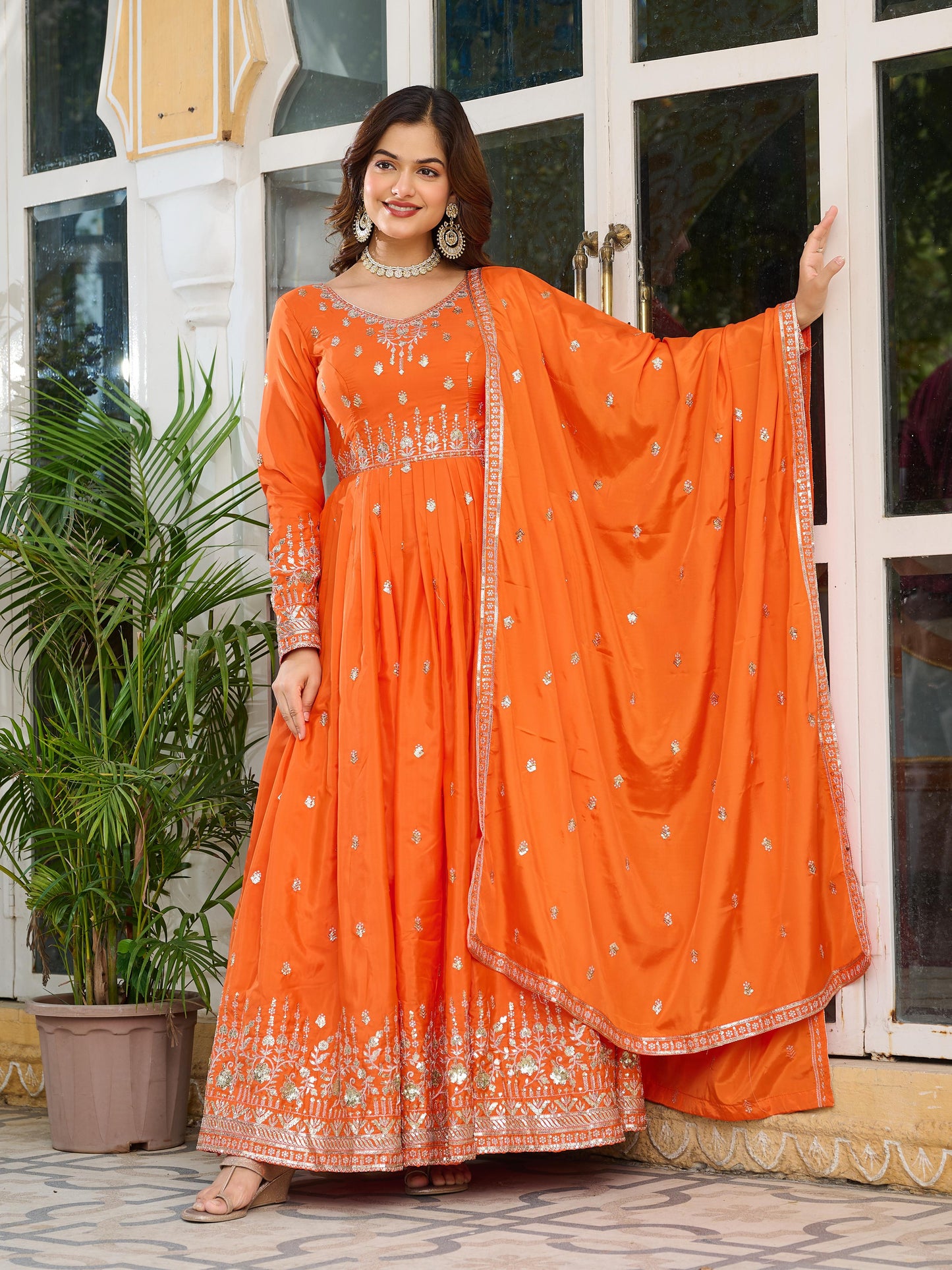 Elegant American Silk Gown Set for Women with Dupatta – Sequins & Thread Work