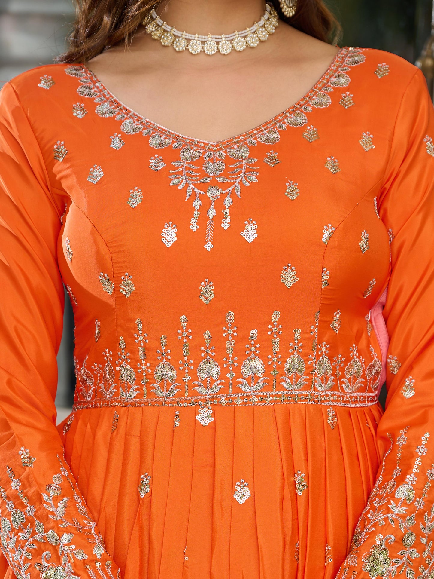 Elegant American Silk Gown Set for Women with Dupatta – Sequins & Thread Work