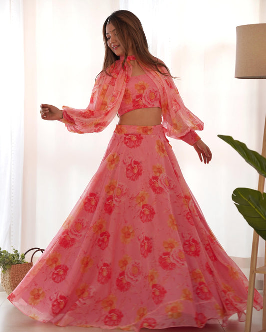 Multi-Floral Organza Lehenga Choli Set – Fully Stitched with Fancy Blouse & Detachable Sleeves | Ready to Wear