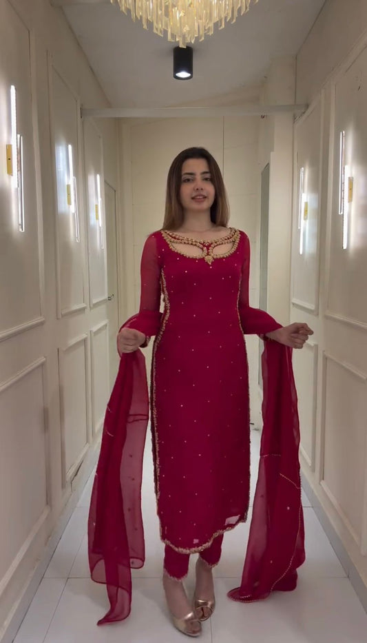 Traditional Cherry Red Straight Suits Set