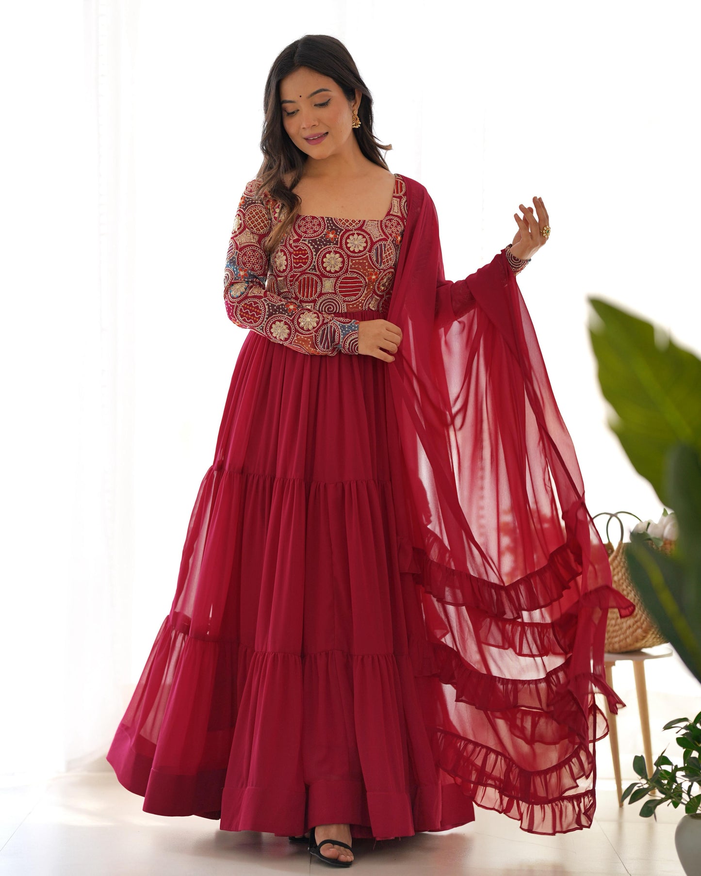 Wine Red Faux Georgette Heavy Flared Anarkali Gown with 9-Needle Embroidery, Ruffle Dupatta & Churidar Pants