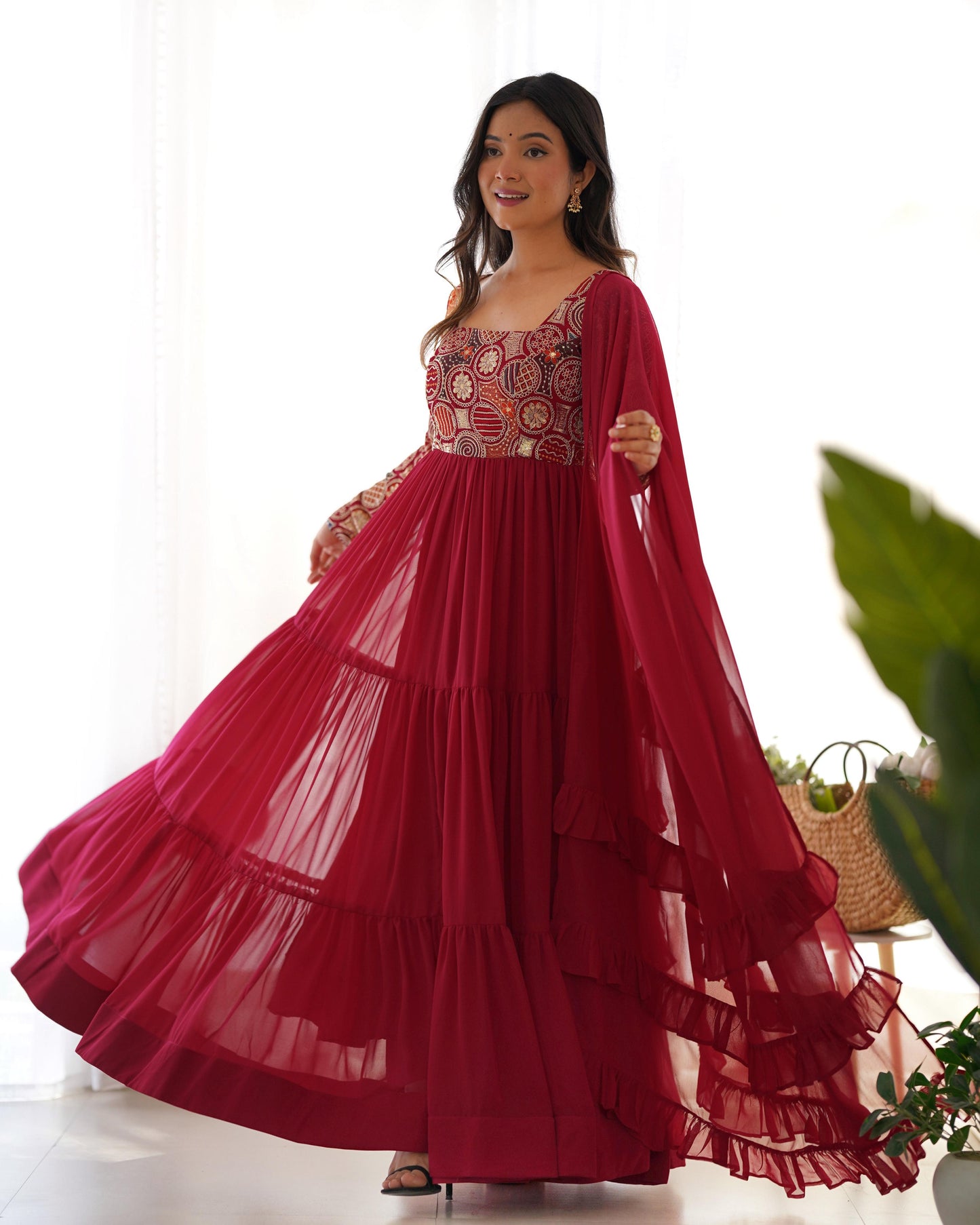 Wine Red Faux Georgette Heavy Flared Anarkali Gown with 9-Needle Embroidery, Ruffle Dupatta & Churidar Pants