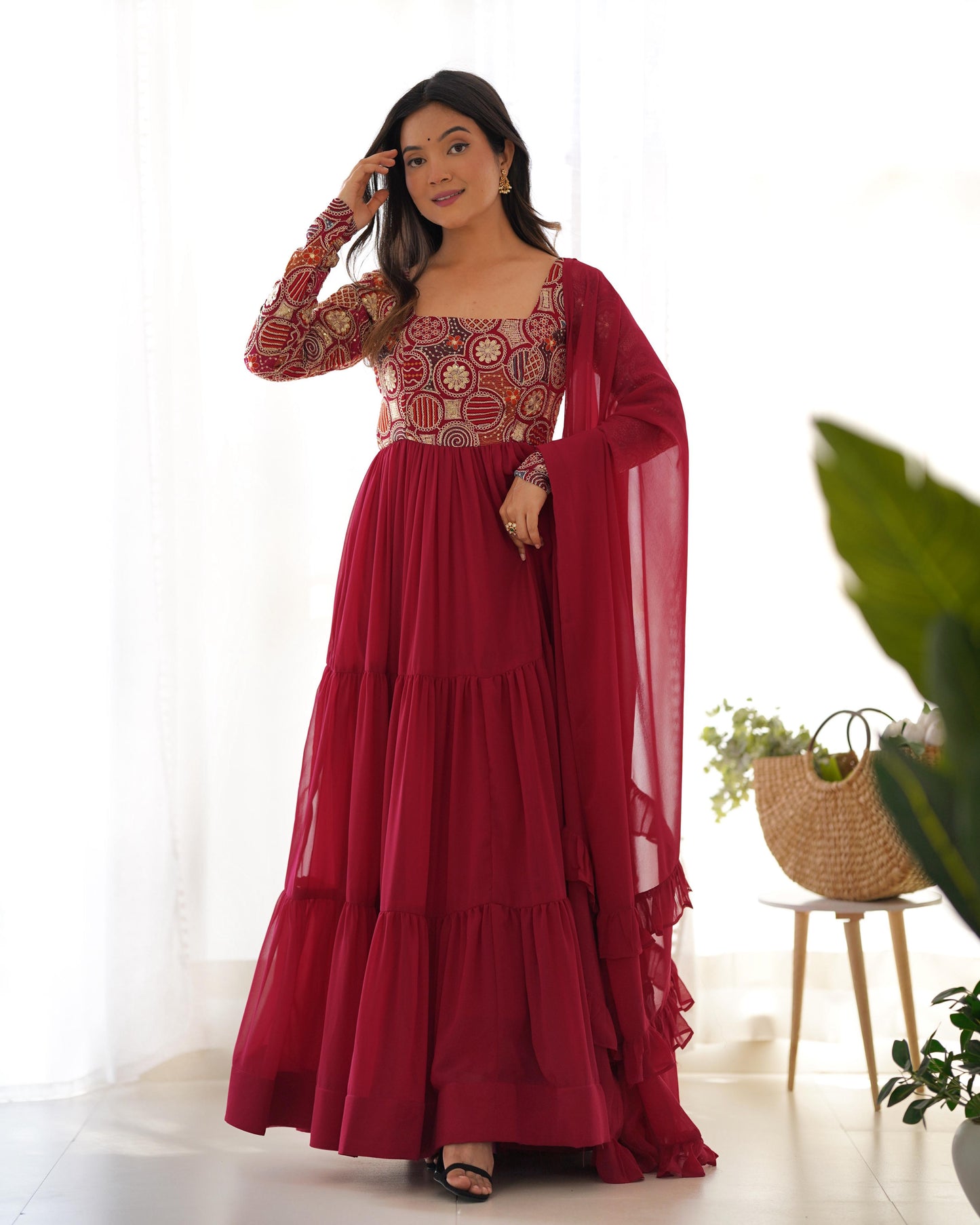 Wine Red Faux Georgette Heavy Flared Anarkali Gown with 9-Needle Embroidery, Ruffle Dupatta & Churidar Pants