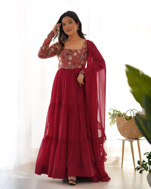 Wine Red Faux Georgette Heavy Flared Anarkali Gown with 9-Needle Embroidery, Ruffle Dupatta & Churidar Pants