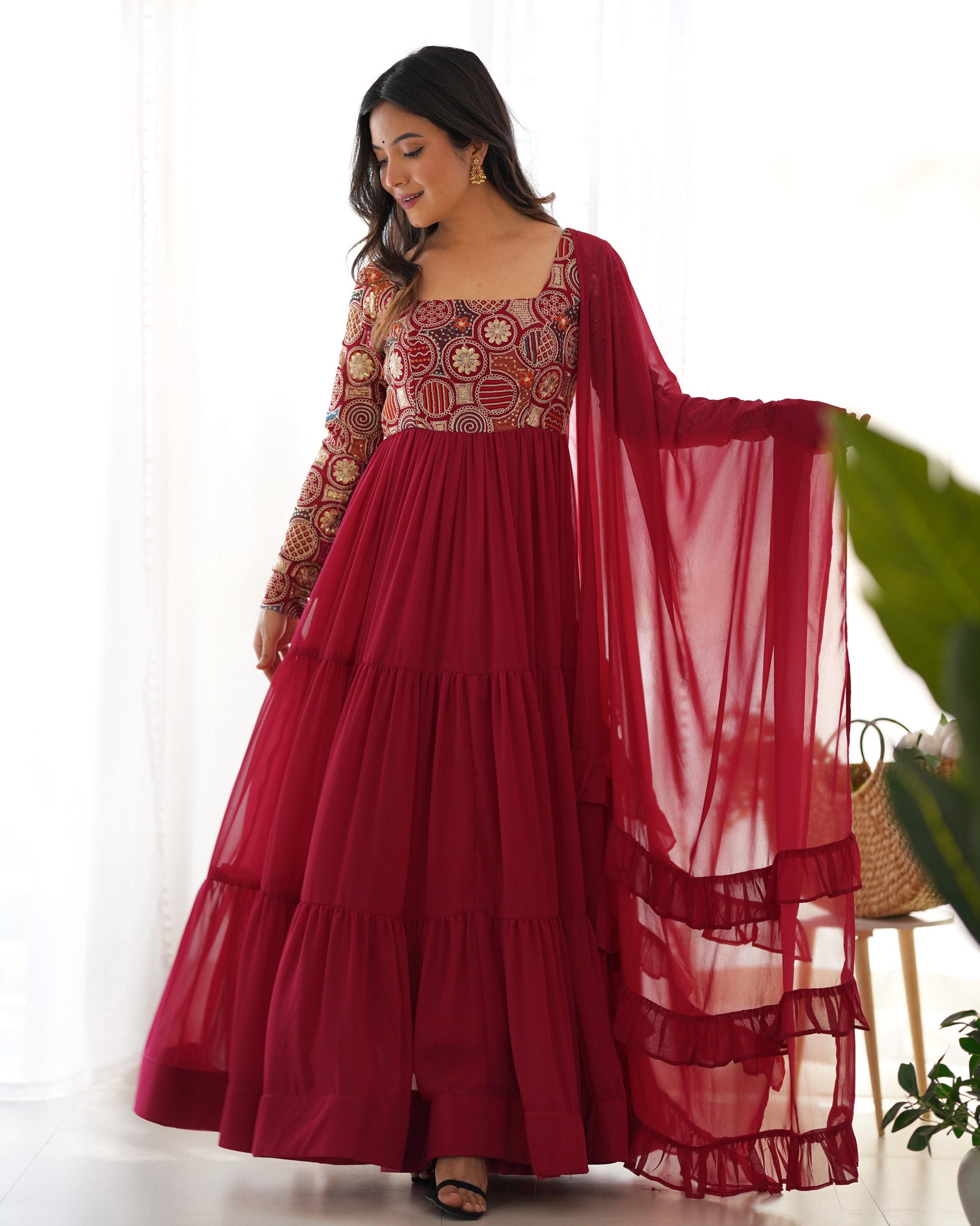 Wine Red Faux Georgette Heavy Flared Anarkali Gown with 9-Needle Embro –  INDIAN ELEGANCE