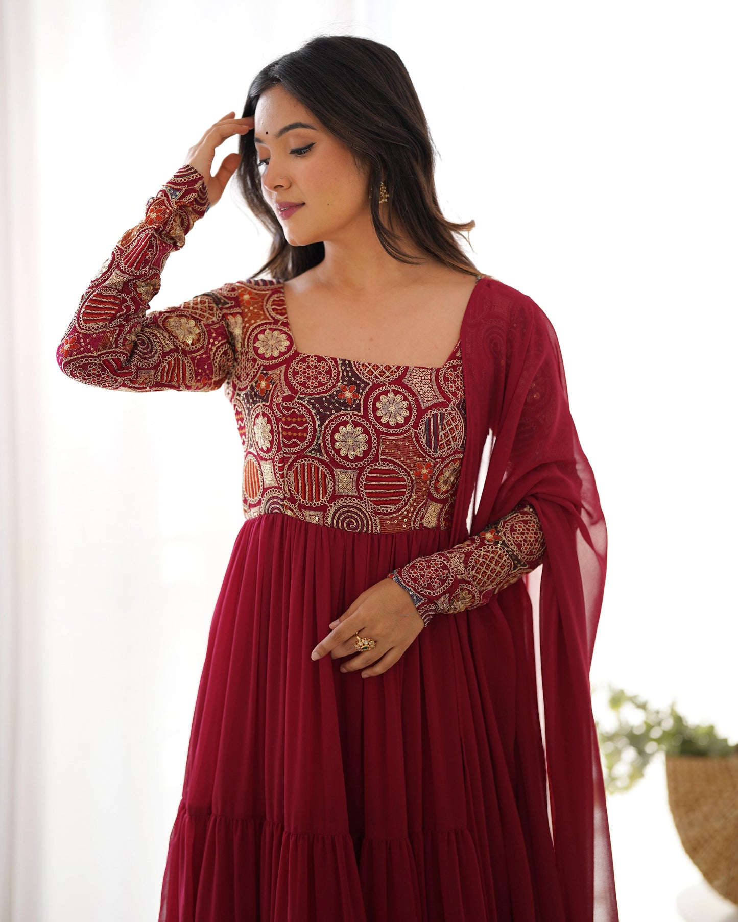 Wine Red Faux Georgette Heavy Flared Anarkali Gown with 9-Needle Embroidery, Ruffle Dupatta & Churidar Pants