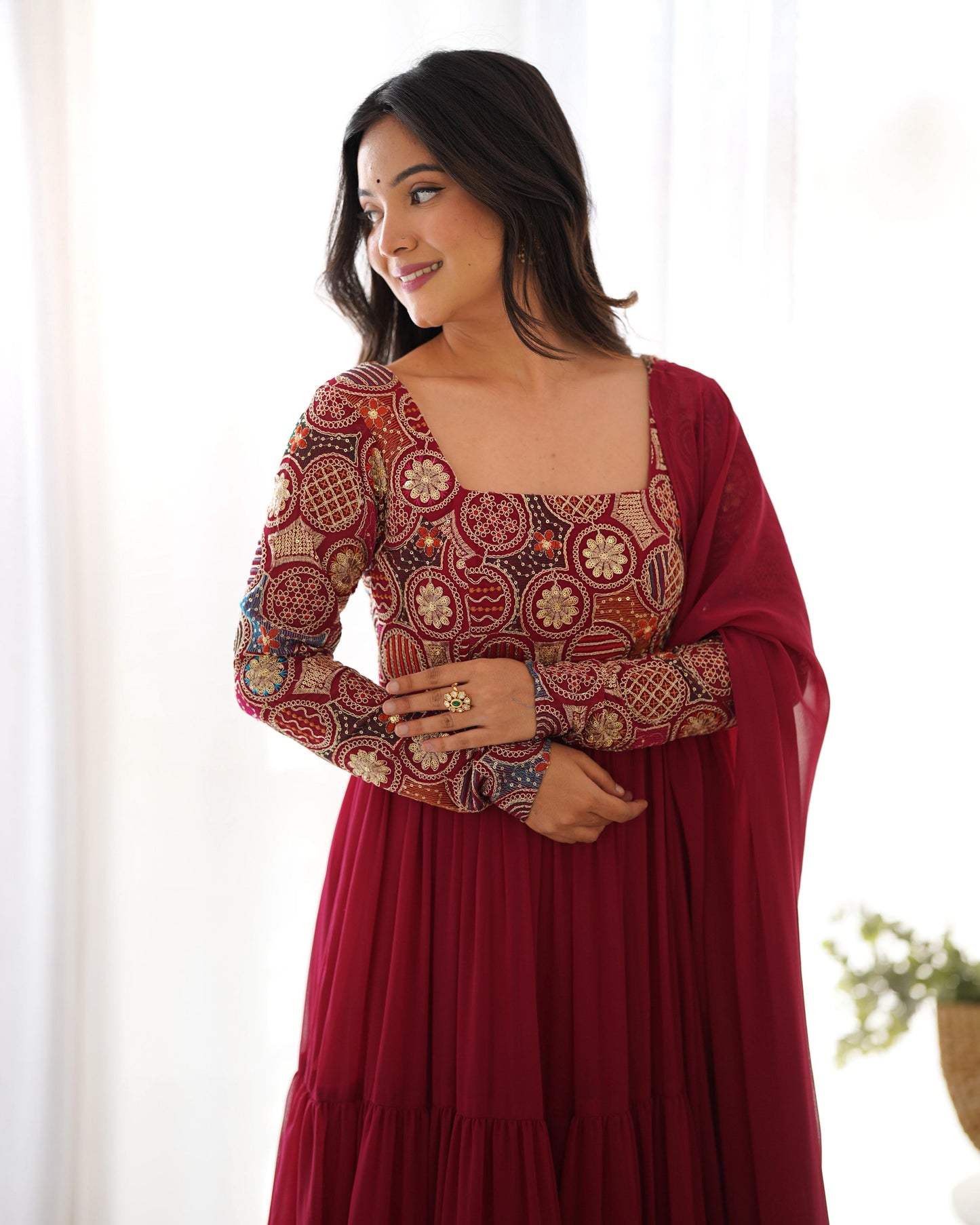 Wine Red Faux Georgette Heavy Flared Anarkali Gown with 9-Needle Embroidery, Ruffle Dupatta & Churidar Pants