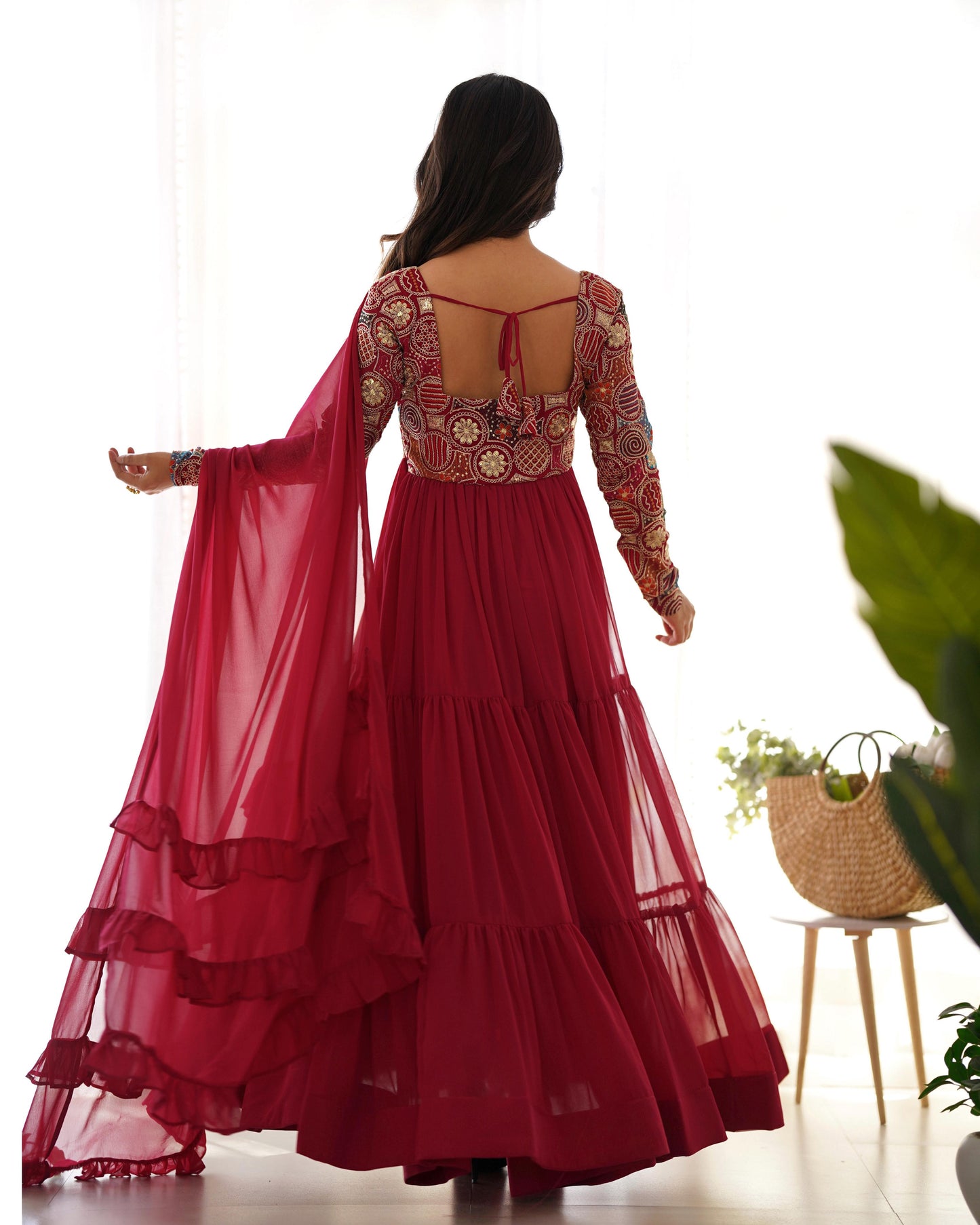 Wine Red Faux Georgette Heavy Flared Anarkali Gown with 9-Needle Embroidery, Ruffle Dupatta & Churidar Pants