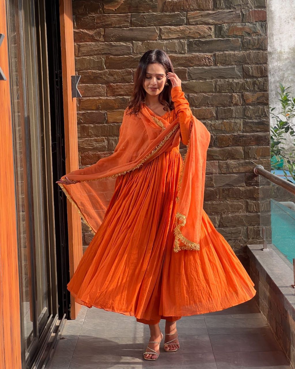 Sunset Orange Chinon Silk Anarkali Set – Flared Wedding & Farewell Suite