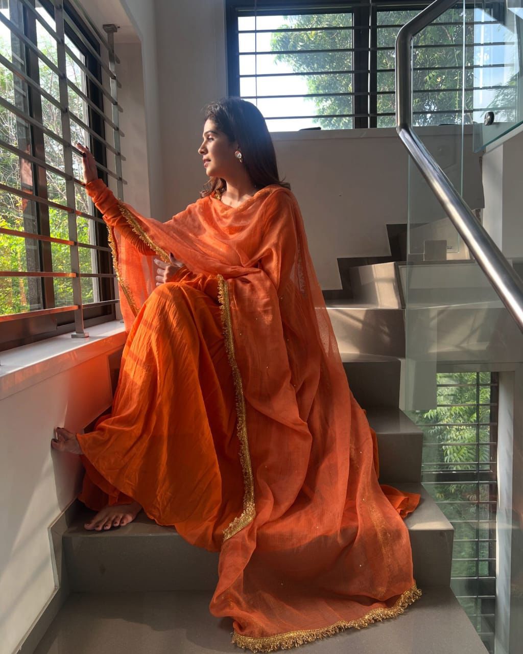 Sunset Orange Chinon Silk Anarkali Set – Flared Wedding & Farewell Suite