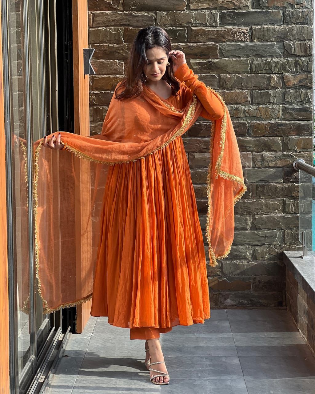 Sunset Orange Chinon Silk Anarkali Set – Flared Wedding & Farewell Suite