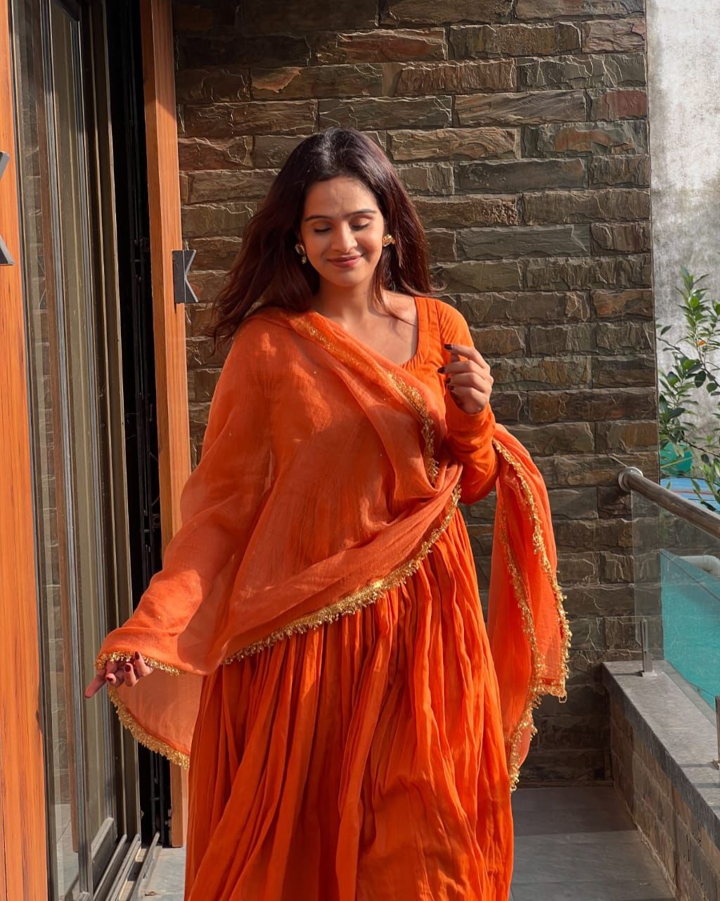 Sunset Orange Chinon Silk Anarkali Set – Flared Wedding & Farewell Suite