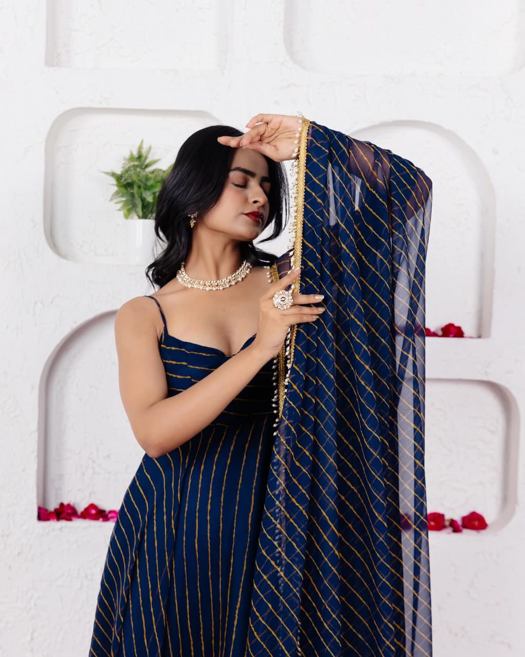 Designer Navy Blue Georgette Fully Stitched Anarkali Suit Set For woman With Dupatta for Wedding & Sangeet