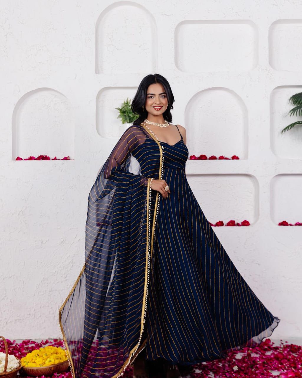 Designer Navy Blue Georgette Fully Stitched Anarkali Suit Set For woman With Dupatta for Wedding & Sangeet