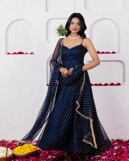 Designer Navy Blue Georgette Fully Stitched Anarkali Suit Set For woman With Dupatta for Wedding & Sangeet