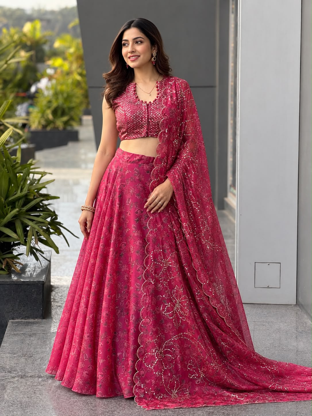 Hot Pink Jimmy Organza Lehenga Choli Set With Embroidered Dupatta & Batwa Bag For Wedding & Festive Wear