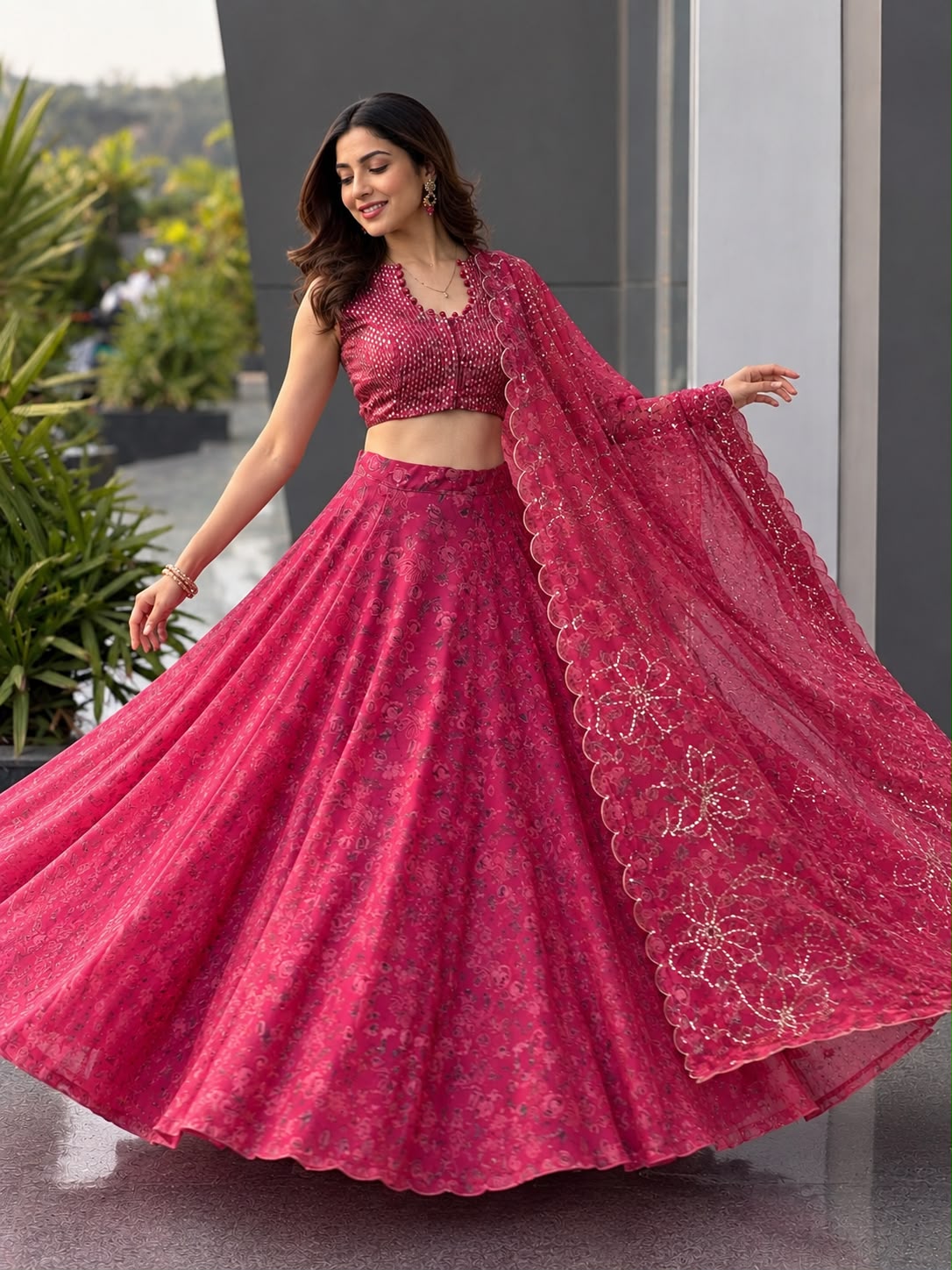 Hot Pink Jimmy Organza Lehenga Choli Set With Embroidered Dupatta & Batwa Bag For Wedding & Festive Wear