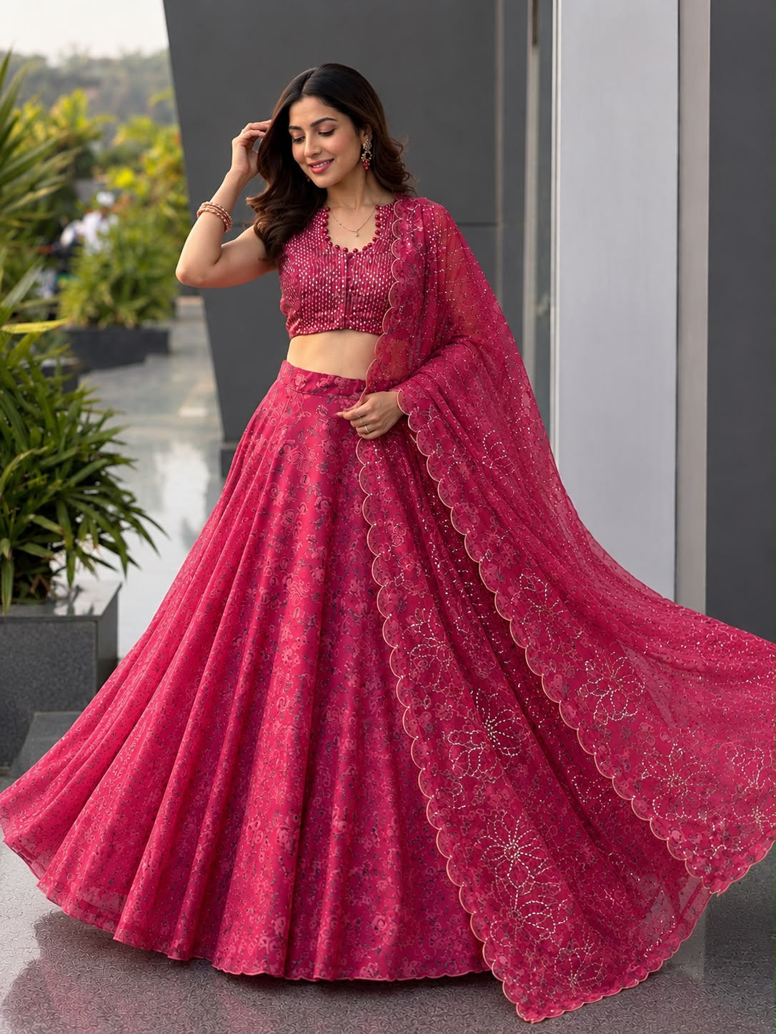 Hot Pink Jimmy Organza Lehenga Choli Set With Embroidered Dupatta & Batwa Bag For Wedding & Festive Wear