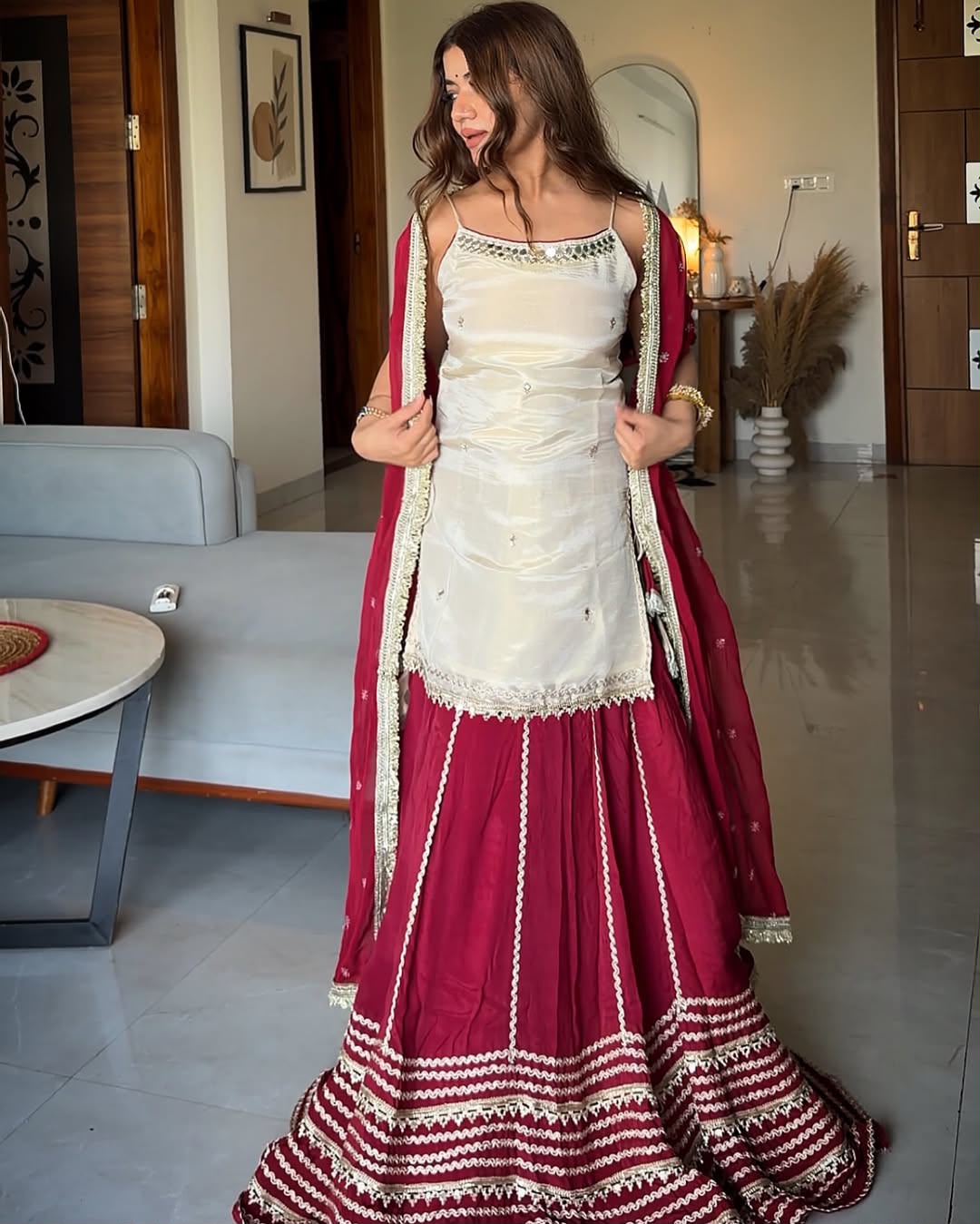 Wine Maroon Vichitra Silk Lehenga Choli Set with Dupatta for Women | Zari Embroidery & Sequin Work Wedding Wear