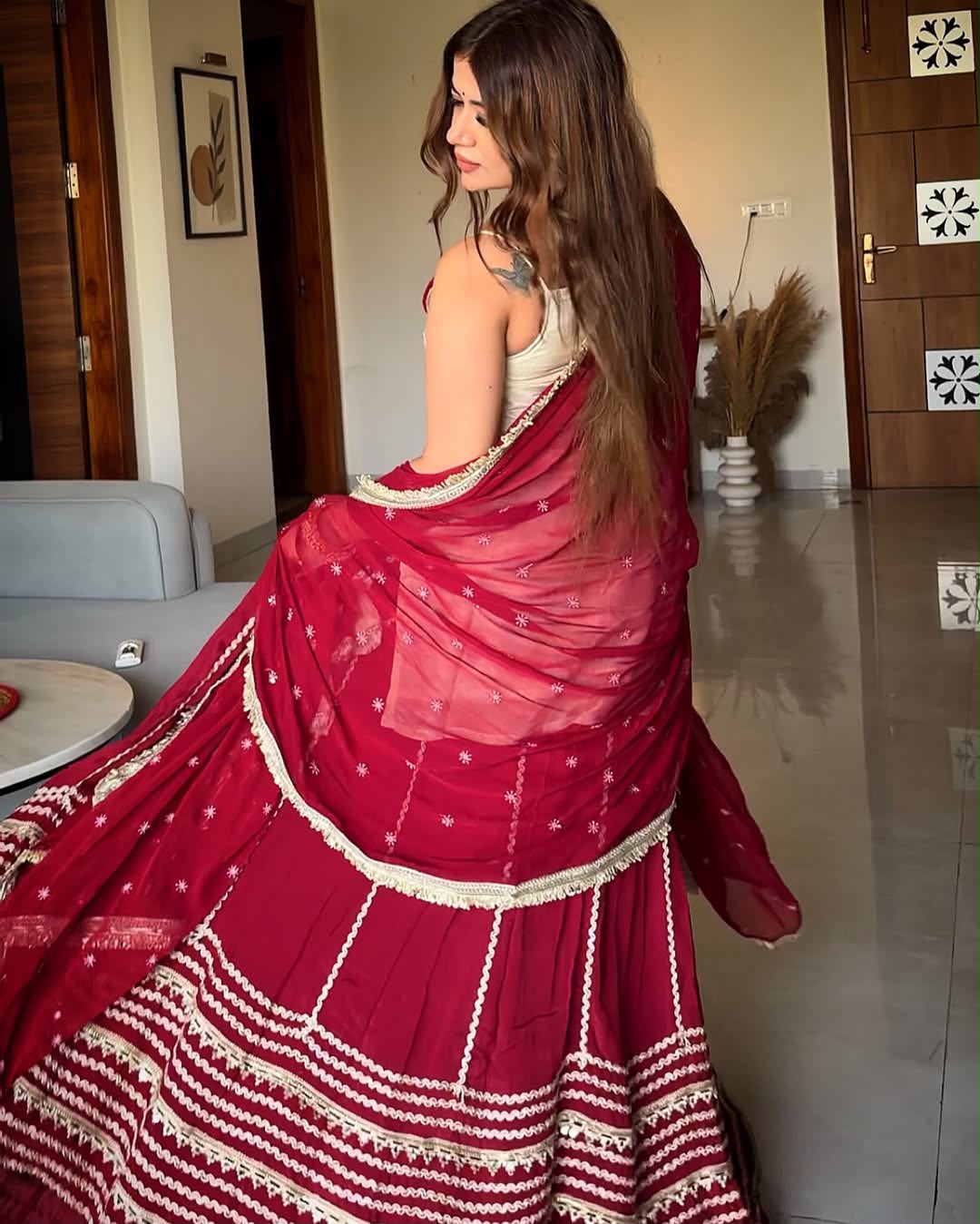Wine Maroon Vichitra Silk Lehenga Choli Set with Dupatta for Women | Zari Embroidery & Sequin Work Wedding Wear