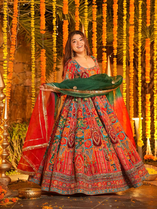 Women's Pure Crepe Embroidered Gown Set | Multicolor Designer Anarkali Dress with Pant & Dupatta | Wedding, Navratri, Garba & Party Wear