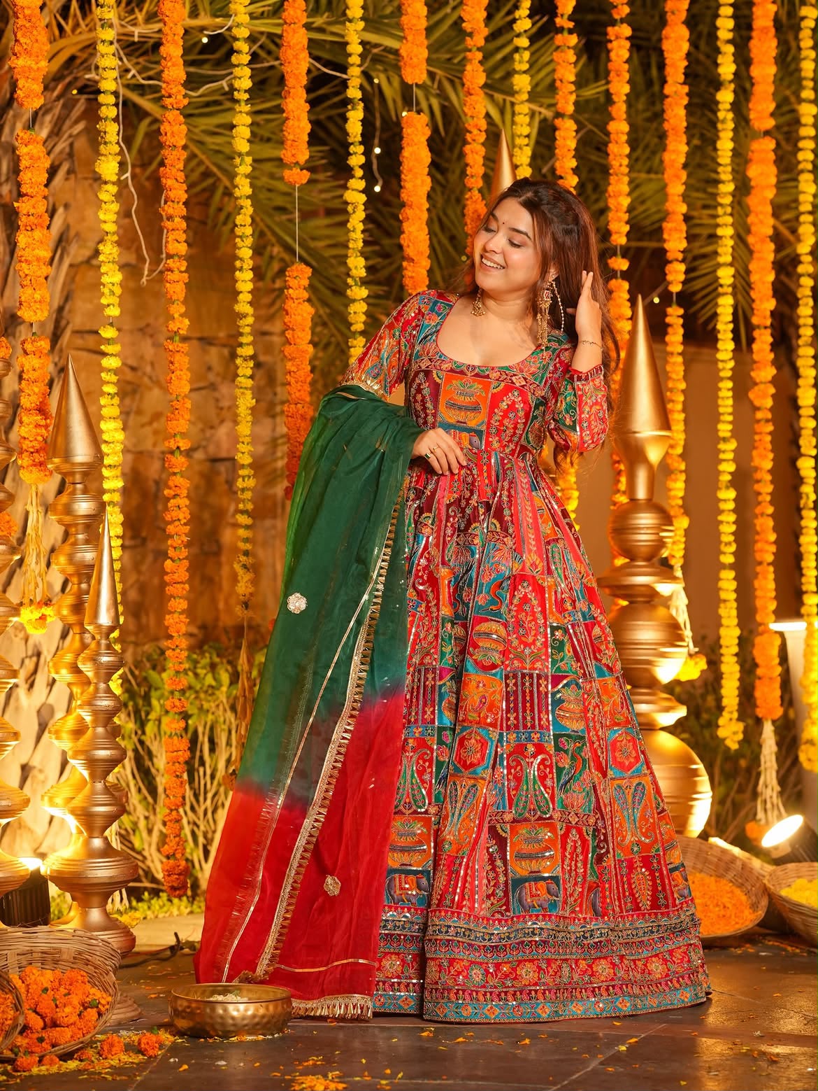 Women's Pure Crepe Embroidered Gown Set | Multicolor Designer Anarkali Dress with Pant & Dupatta | Wedding, Navratri, Garba & Party Wear