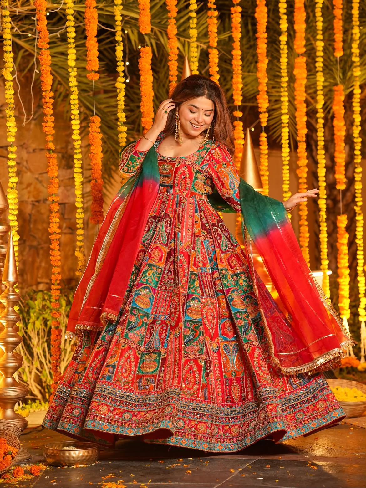 Women's Pure Crepe Embroidered Gown Set | Multicolor Designer Anarkali Dress with Pant & Dupatta | Wedding, Navratri, Garba & Party Wear