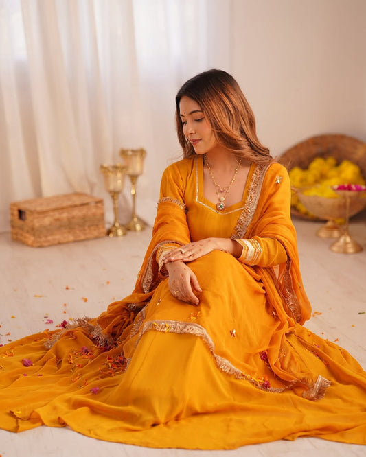 Spellbinding Mustard Georgette Gota Patti Worked Gown With Dupatta - INDIAN ELEGANCE