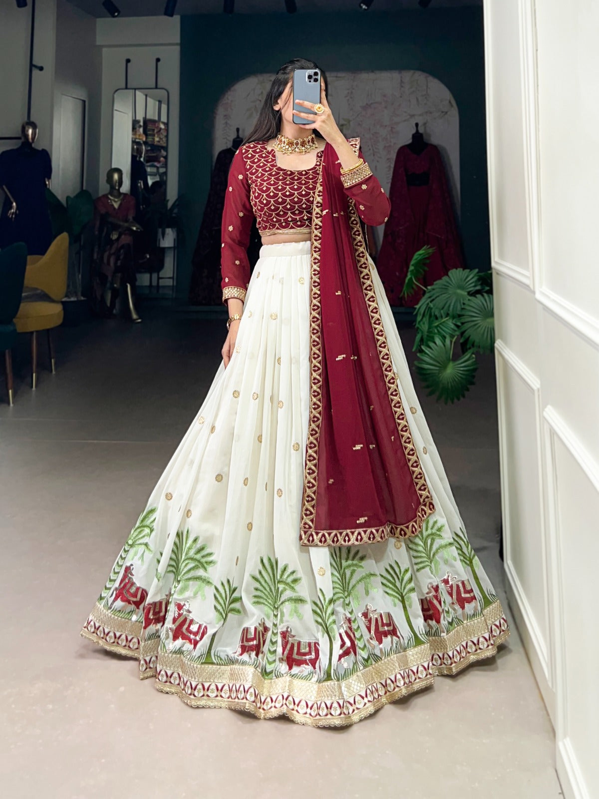 Spectacular White Georgette Sequins Thread Worked Lehenga Choli - INDIAN ELEGANCE