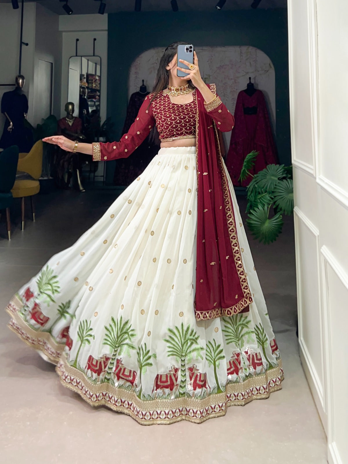 Spectacular White Georgette Sequins Thread Worked Lehenga Choli - INDIAN ELEGANCE
