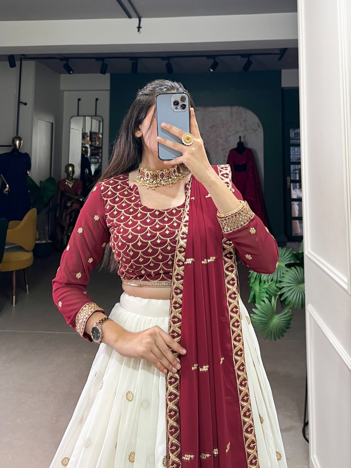 Spectacular White Georgette Sequins Thread Worked Lehenga Choli - INDIAN ELEGANCE
