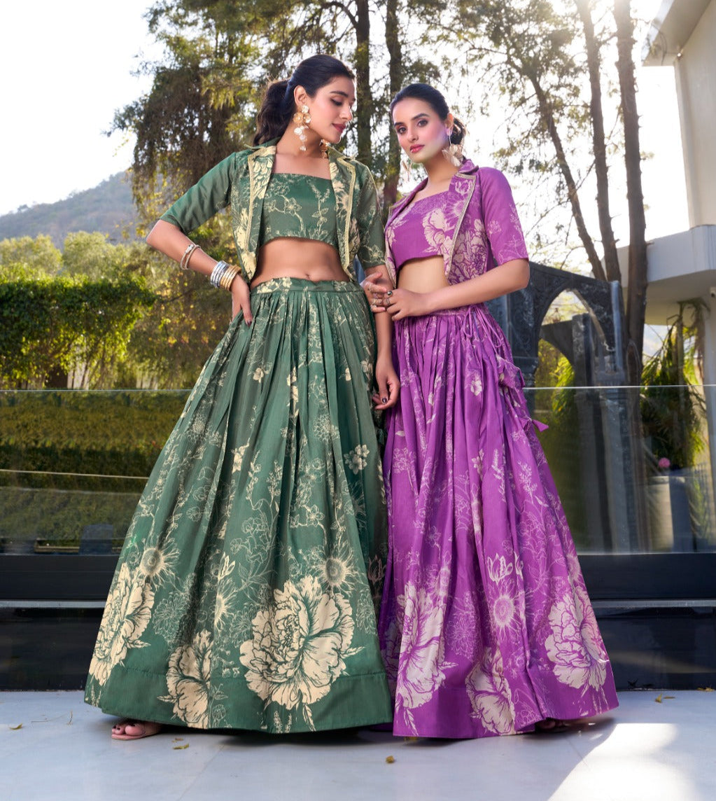 Exquisite Tussar Silk Floral Printed Lehenga Choli  Koti Set