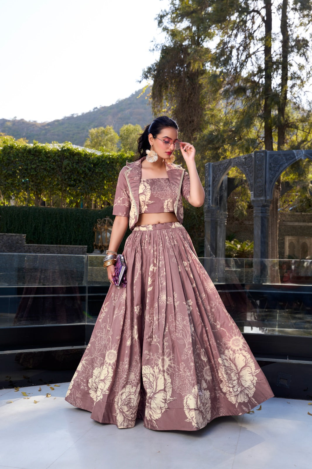 Exquisite Tussar Silk Floral Printed Lehenga Choli  Koti Set
