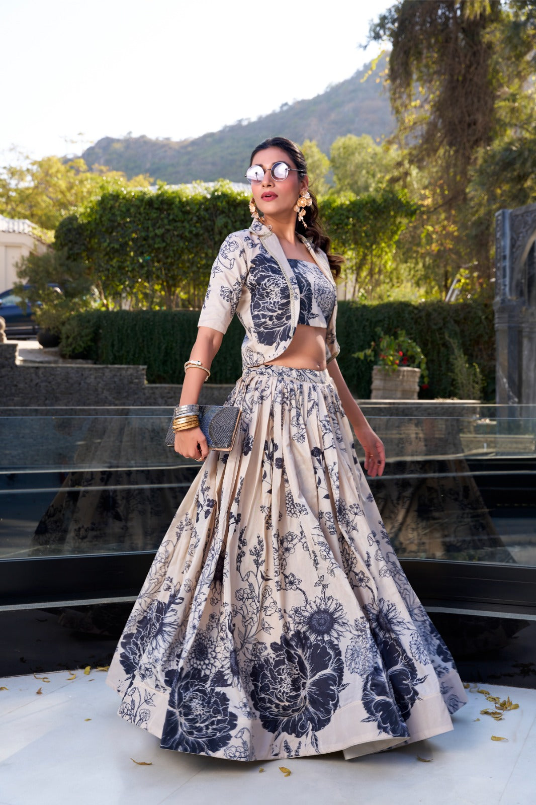 Exquisite Tussar Silk Floral Printed Lehenga Choli  Koti Set