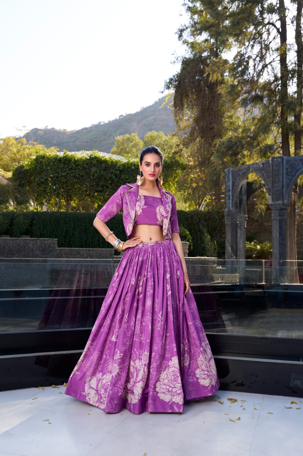 Exquisite Tussar Silk Floral Printed Lehenga Choli  Koti Set