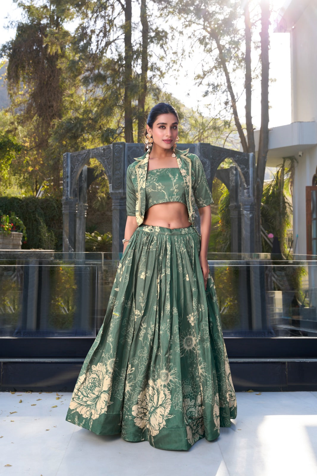 Exquisite Tussar Silk Floral Printed Lehenga Choli  Koti Set