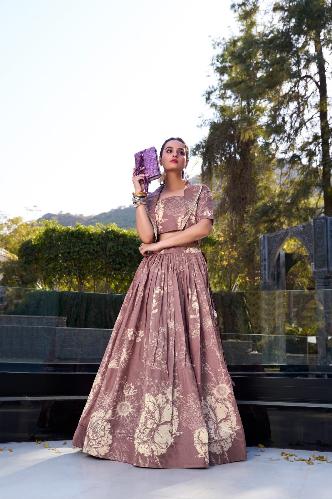 Exquisite Tussar Silk Floral Printed Lehenga Choli  Koti Set