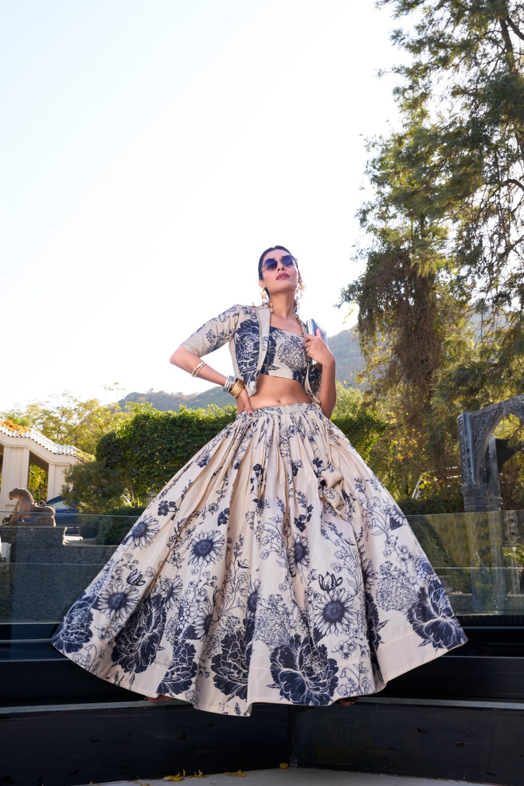 Exquisite Tussar Silk Floral Printed Lehenga Choli  Koti Set