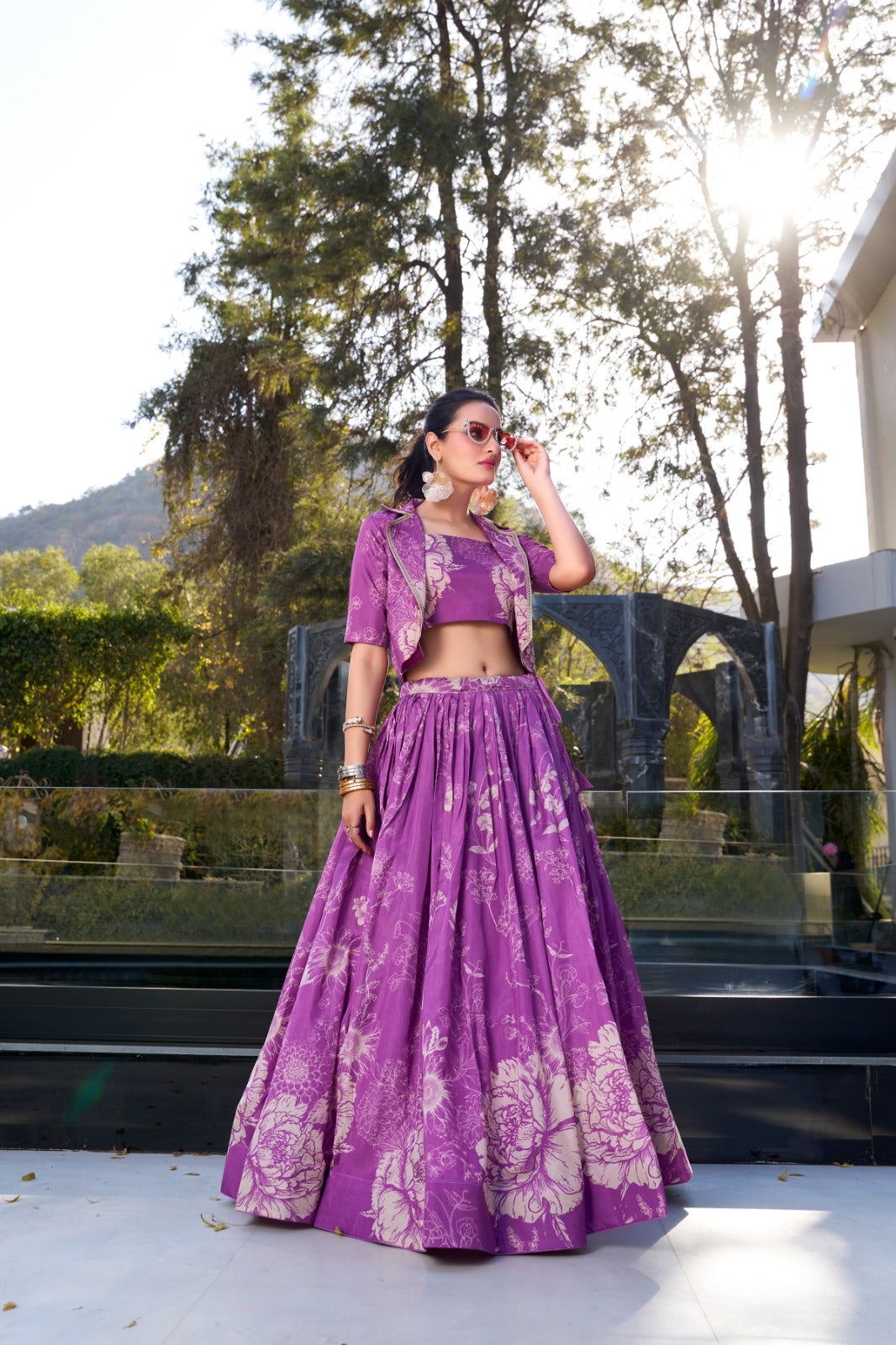 Exquisite Tussar Silk Floral Printed Lehenga Choli  Koti Set