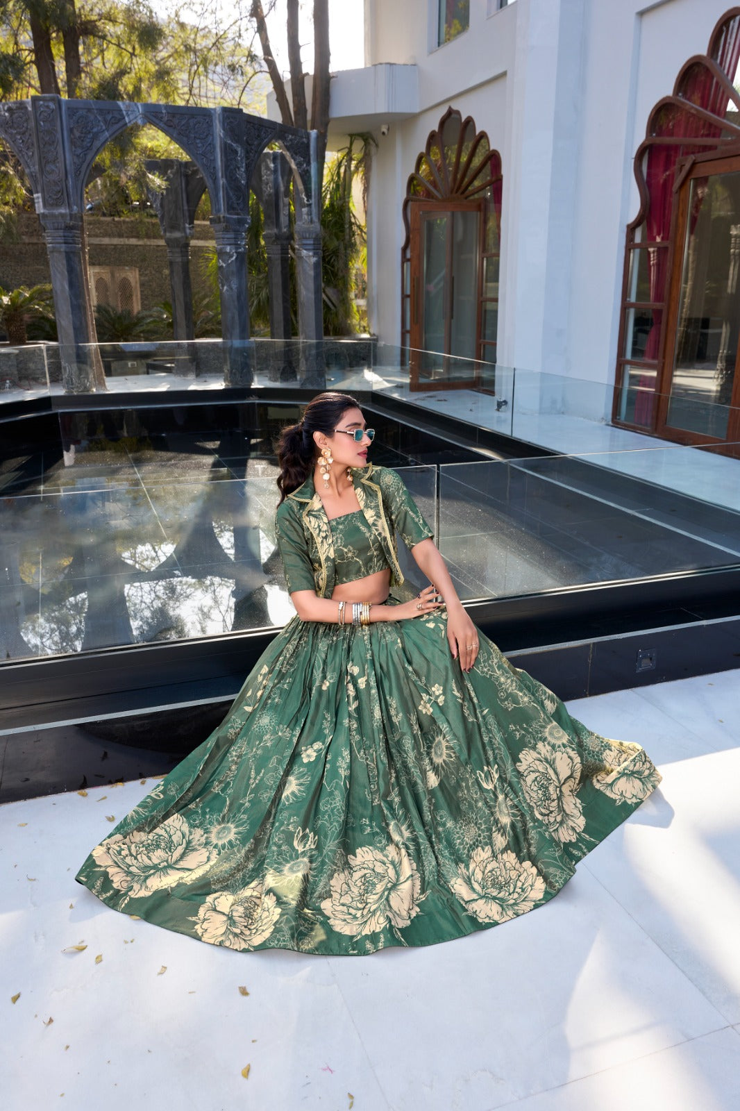 Exquisite Tussar Silk Floral Printed Lehenga Choli  Koti Set